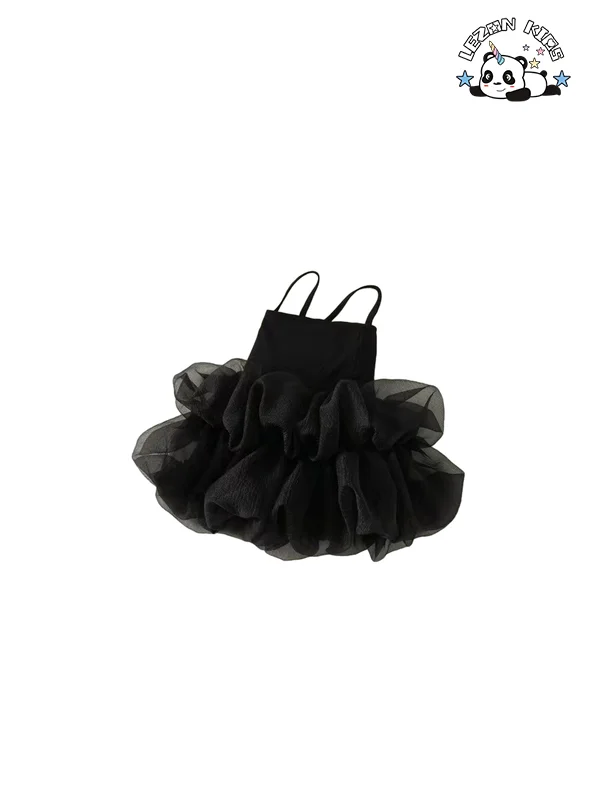 LEZONKIDS - Explosive New Product Beautiful Black Spaghetti Strap Soft Tulle Latest Children Dress Designs